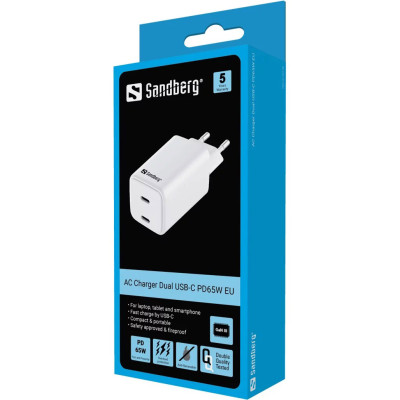 Зарядний пристрій 2xUSB 65W (2xUSB-C) Gan III білий Sandberg