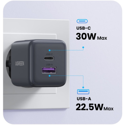 Зарядний пристрій 2xUSB 30W (USB-A + USB-C) X516 Gan сірий Ugreen