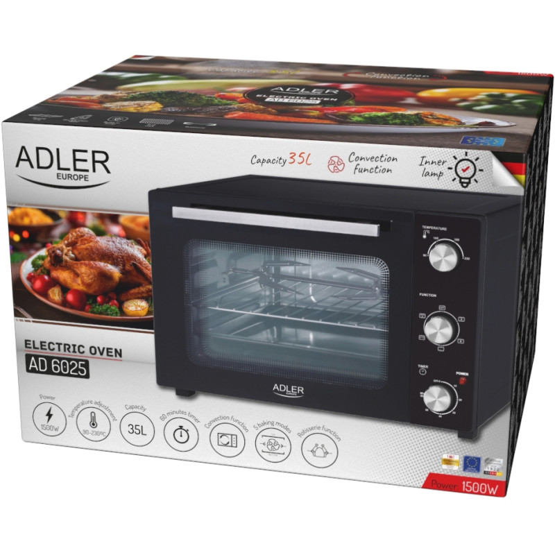 Електрична піч Adler AD 6025 1500Вт/ 35л /електроплита/ механічне керування/чорна