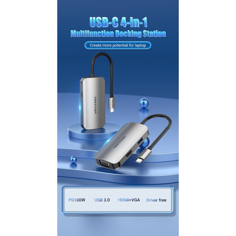 Док-станція USB3.1 Type-C --> HDMI/VGA/USB 3.0/PD 100W Hub 4-in-1 Vention