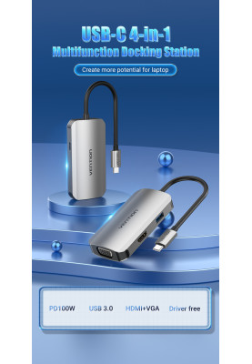Док-станція USB3.1 Type-C --> HDMI/VGA/USB 3.0/PD 100W Hub 4-in-1 Vention