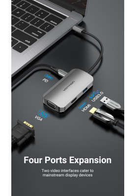 Док-станція USB3.1 Type-C --> HDMI/VGA/USB 3.0/PD 100W Hub 4-in-1 Vention