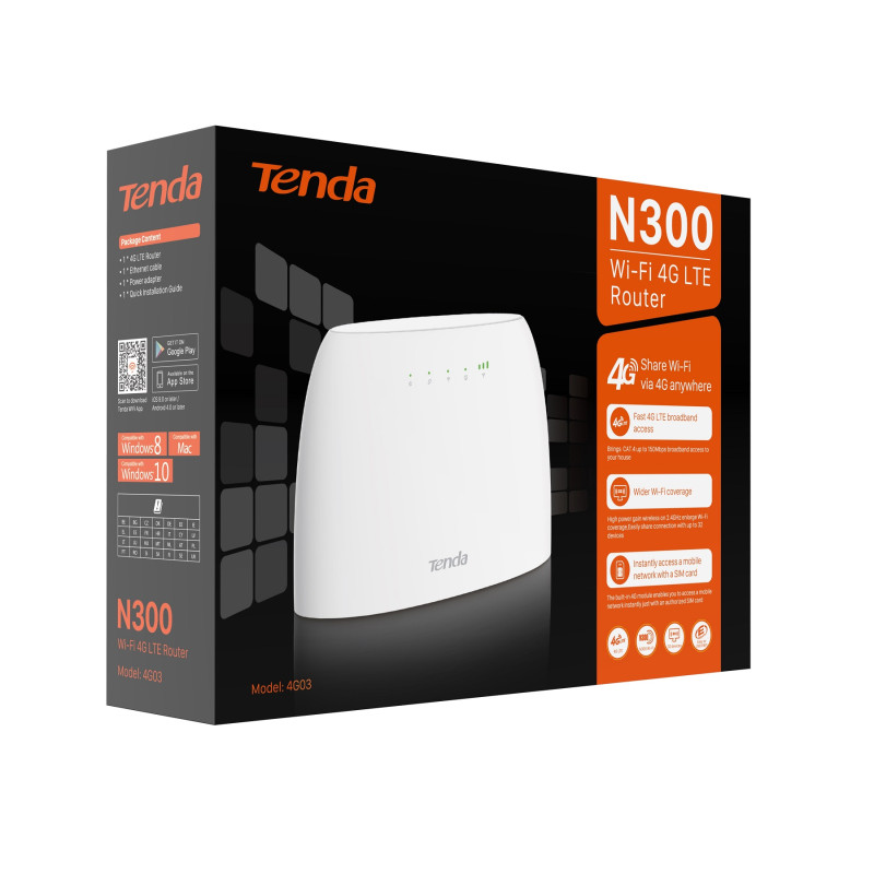 Маршрутизатор Tenda 4G03 N300, 4G/LTE, 1xFE LAN, 1xFE LAN/WAN, Cлот для SIM- карти