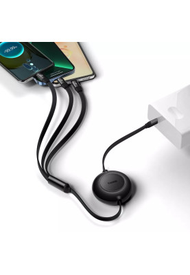 Кабель USB-C Bright Mirror Retractable 3 in 1 (Micro USB+Lightning+Type-C) 100W (1.2m) Black Baseus