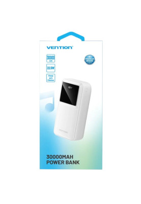 УМБ Vention 30000mAh 22.5W 3A, PD,QC3.0, Micro-USB,USB-C,2xUSB-A,LED Display White
