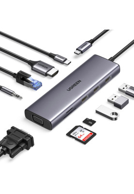 Док-станція USB3.1 Type-C --> HDMI/VGA/USB 3.0х3/RJ45/SD/TF/PD/3,5мм TRRS 100W 10-in-1 CM498 Ugreen