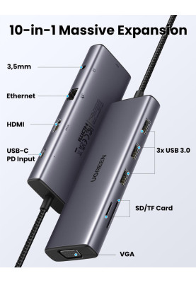 Док-станція USB3.1 Type-C --> HDMI/VGA/USB 3.0х3/RJ45/SD/TF/PD/3,5мм TRRS 100W 10-in-1 CM498 Ugreen