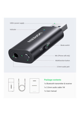 Приймач/транслятор UGREEN USB 2.0 to 3.5mm Bluetooth Adapter with Audio Cable CM523