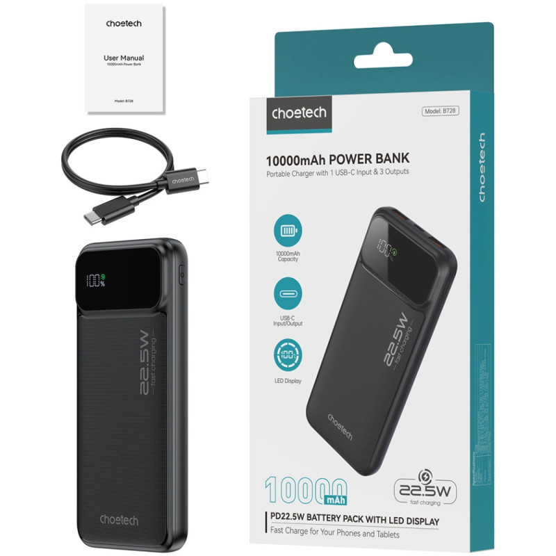 УМБ Choetech 10000mAh 22.5W PD,QC3.0 2USB-A+USB-C Black