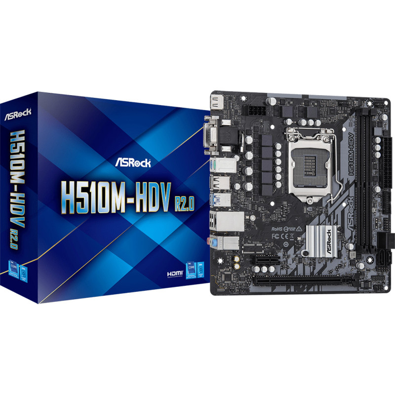 Материнська плата ASRock H510M-HDV R2.0 (1200/H510, 2*DDR4, 1xPCIex16, HDMI/DVI/VGA, 4xSATAІІІ, GLan, 7.1ch, mATX)