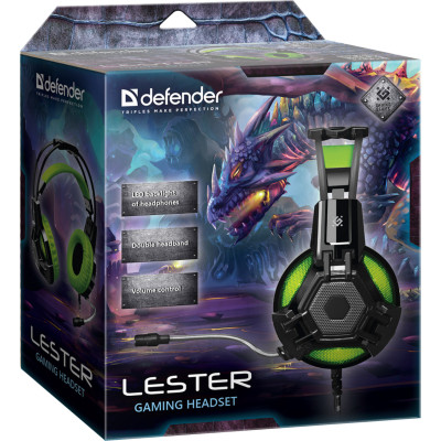 Ігрова гарнітура Defender Lester чорно-зелена, кабель 2,2 м