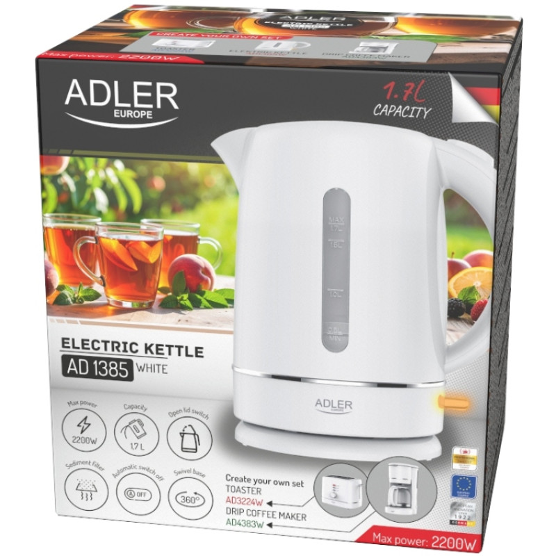 Електрочайник Adler AD 1385 white 2200Вт/ 1.7л/ пластик/ автовимкнення/ білий