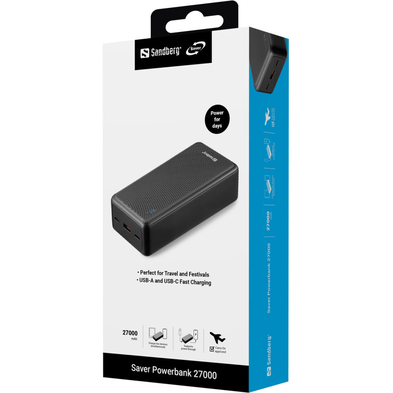 УМБ Sandberg 27000mAh Saver 22,5W 3A PD,QC3.0, USB-A,2xUSB-С, наскрізне живлення, чорний