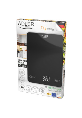 Ваги кухонні Adler AD 3177 black електронні/ 10кг/ г; мл, унція/ USB type C/ автовимкнення/ скло
