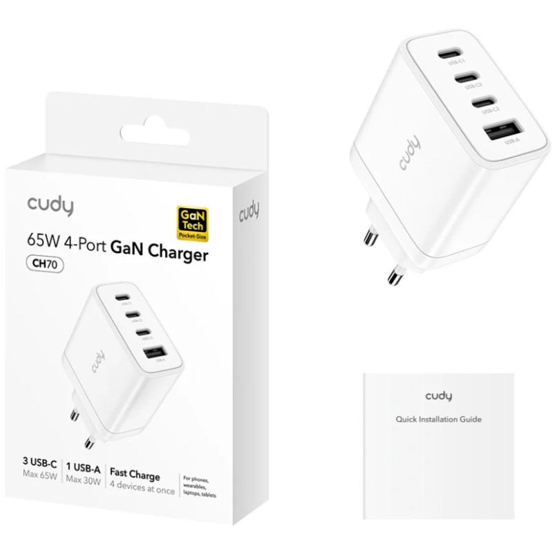 Зарядний пристрій 4xUSB 70W, (GaN, 1хUSB-C, QC+PD 3.0, вилка ЄС, для iPhone 12) , Cudy