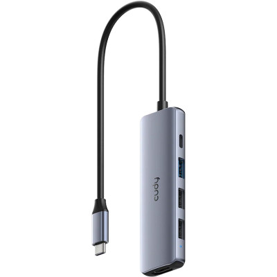 Хаб USB-С 5-в-1,1хHDMI 4K, 1хUSB-C P-100Вт, 1хUSB-A 3.0 5 Гбіт/с, 2 х передачі даних USB-A 2.0, Cudy