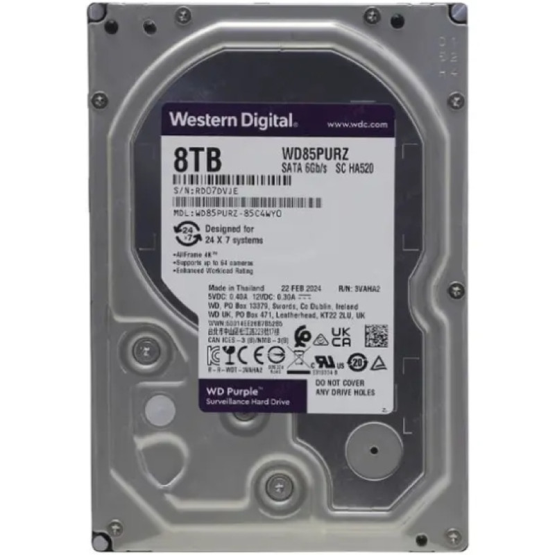HDD 8000Gb, 5640rpm, WD Purple Surveillance, 256M, SATA III Gb/s (WD85PURZ)