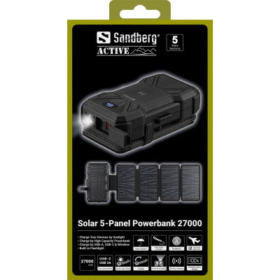 УМБ сонячна 5-Panel 8W Sandberg PD 27000 mAh, 2xUSB-A, USB-C In/Out УМБ сонячна 5-Panel 8W Sandberg PD 27000 mAh, 2xUSB-A, USB-C In/Out