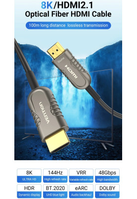 Кабель HDMI M - M,60.0 м, V2.1, Optical 8K 60Гц 48Gbps Dolby 7.1 TPE Black Metal Type Vention