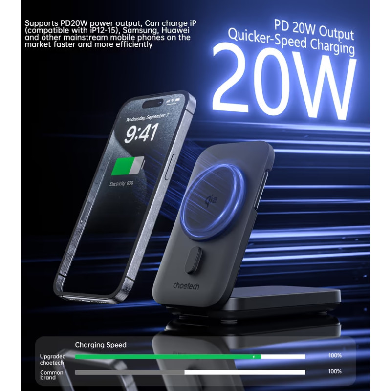 УМБ Choetech Magnetic Wireless 10000mAh 20W PD,QC USB-C,USB-LightningQi-2 15W,AppleWatch charg Black