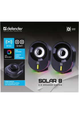 Акустична система 2.0 Defender Solar 8, 10Вт, Bluetooth, RGB підсвітка, USB, чорна