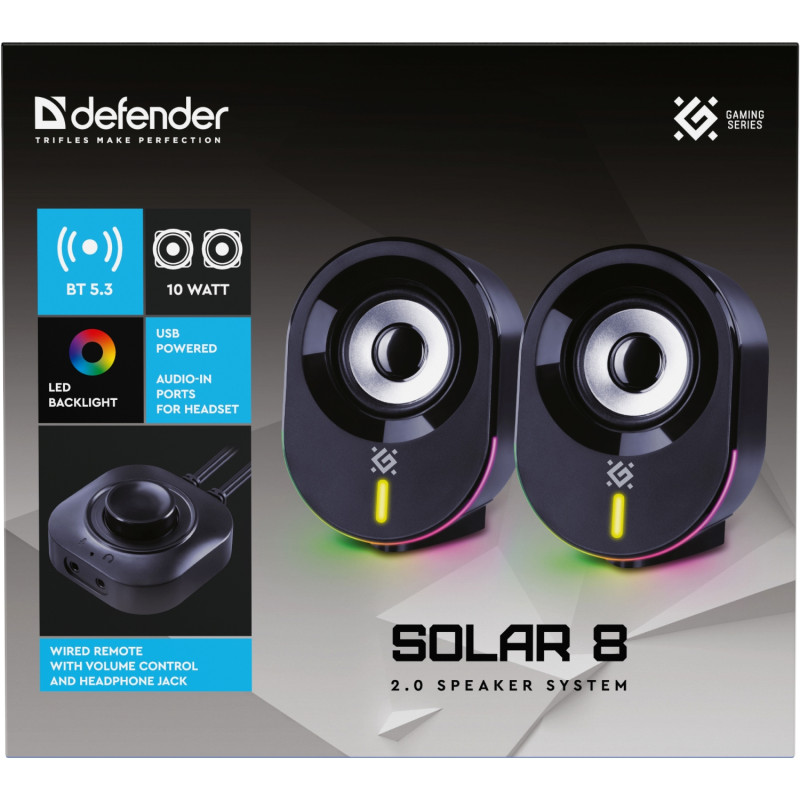 Акустична система 2.0 Defender Solar 8, 10Вт, Bluetooth, RGB підсвітка, USB, чорна