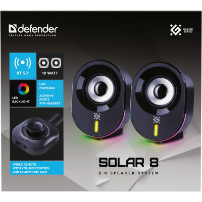 Акустична система 2.0 Defender Solar 8, 10Вт, Bluetooth, RGB підсвітка, USB, чорна Акустична система 2.0 Defender Solar 8, 10Вт, Bluetooth, RGB підсвітка, USB, чорна