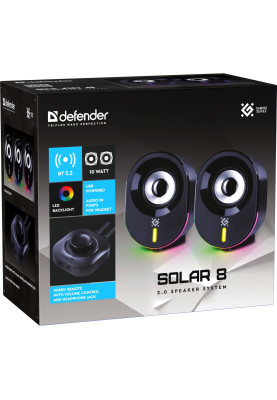 Акустична система 2.0 Defender Solar 8, 10Вт, Bluetooth, RGB підсвітка, USB, чорна