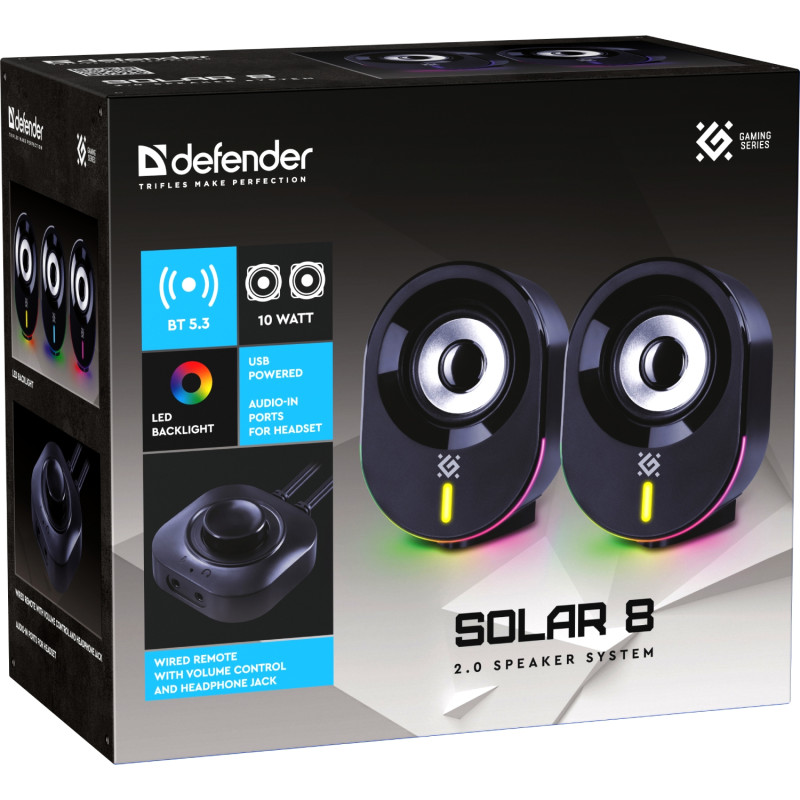 Акустична система 2.0 Defender Solar 8, 10Вт, Bluetooth, RGB підсвітка, USB, чорна