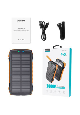 УМБ Choetech Wireless 20000mAh 20W PD,QC3.0 3USB-A,solar panel, Qi-5W Black-Orange