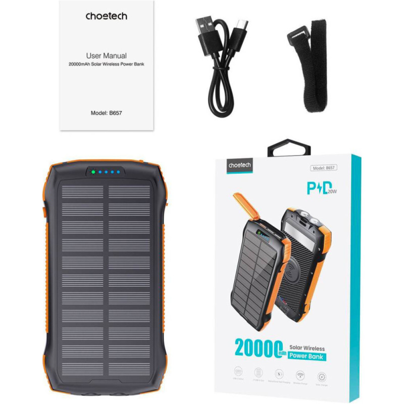 УМБ Choetech Wireless 20000mAh 20W PD,QC3.0 3USB-A,solar panel, Qi-5W Black-Orange