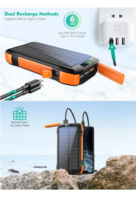 УМБ Choetech Wireless 20000mAh 20W PD,QC3.0 3USB-A,solar panel, Qi-5W Black-Orange