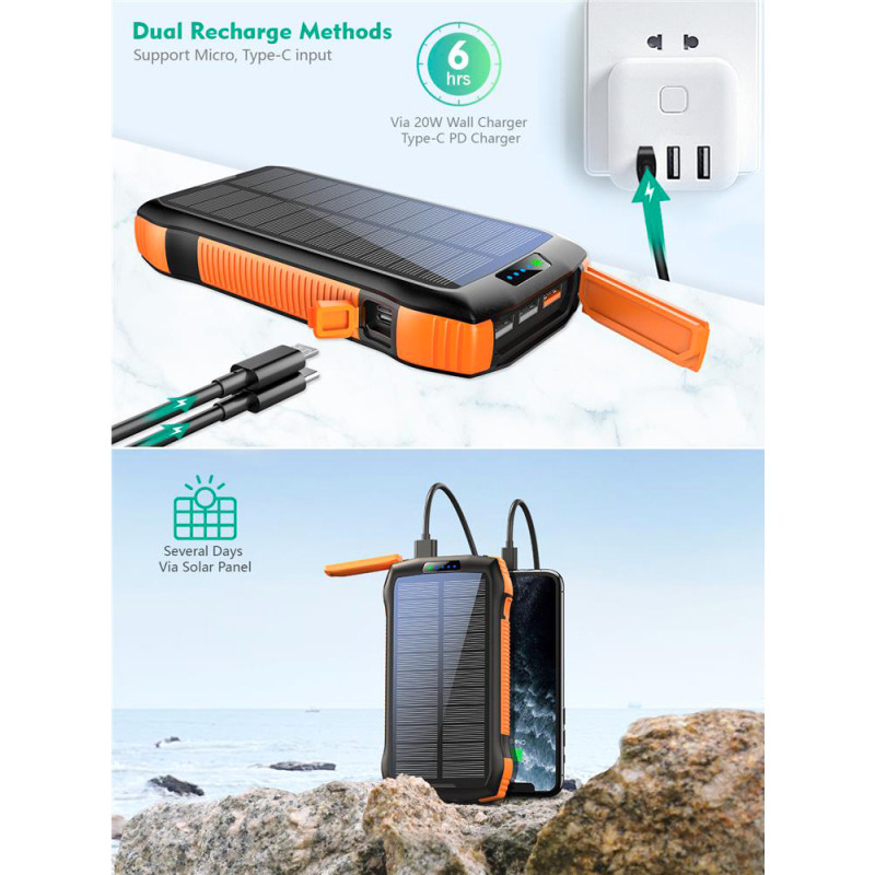 УМБ Choetech Wireless 20000mAh 20W PD,QC3.0 3USB-A,solar panel, Qi-5W Black-Orange