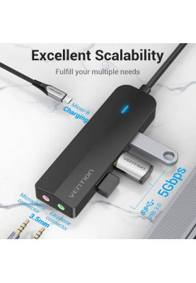 Хаб USB 3.1 Type-C -> 3xUSB 3.0+MicroUSB+3.5mm Sound Adapter чорний Vention