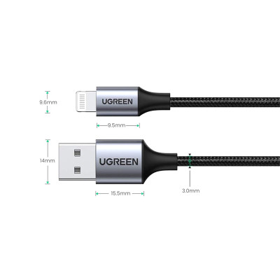 Кабель USB 2.0 AM-Lightning M, 2 м, 2.4A, Чорний, US199 UGREEN