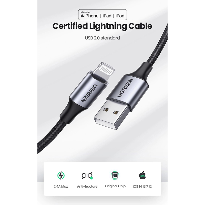 Кабель USB 2.0 AM-Lightning M, 2 м, 2.4A, Чорний, US199 UGREEN