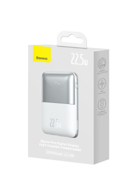 УМБ Baseus Bipow Pro 20000mAh 22.5W, 2хUSB-A QC3.0, In USB-C Li-pol, Display + Cable, white