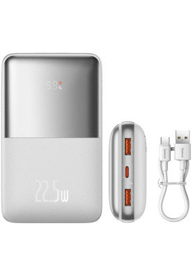 УМБ Baseus Bipow Pro 20000mAh 22.5W, 2хUSB-A QC3.0, In USB-C Li-pol, Display + Cable, white