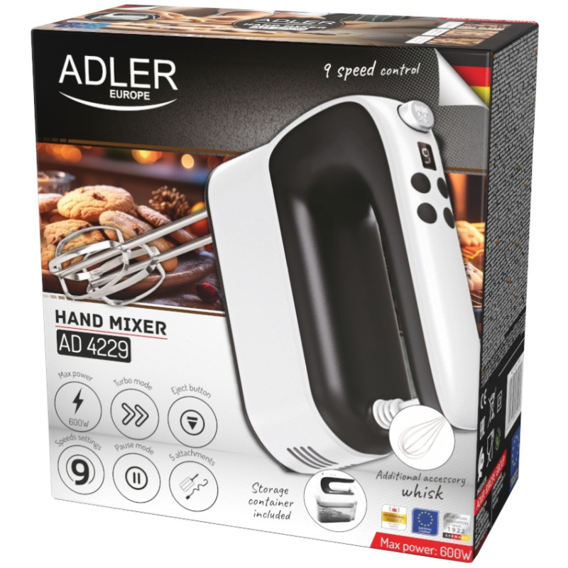 Міксер Adler AD 4229 ручний/ 600Вт/ 9 швидкостей/ Turbo/ контейнер для аксесуарів/ білий
