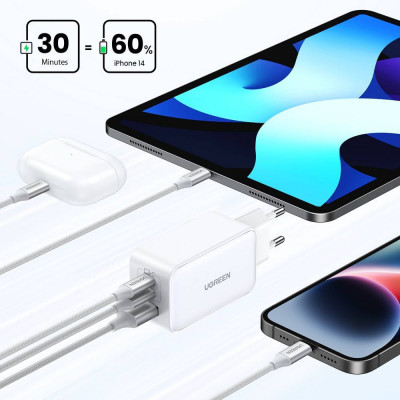 Зарядний пристрій 3xUSB 65W (2хUSB-C+USB-A) Gan CD244 Білий Ugreen