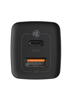 Зарядний пристрій 2xUSB 65W GaN (USB-C+USB-A) Чорний Baseus