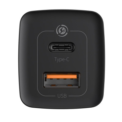 Зарядний пристрій 2xUSB 65W GaN (USB-C+USB-A) Чорний Baseus
