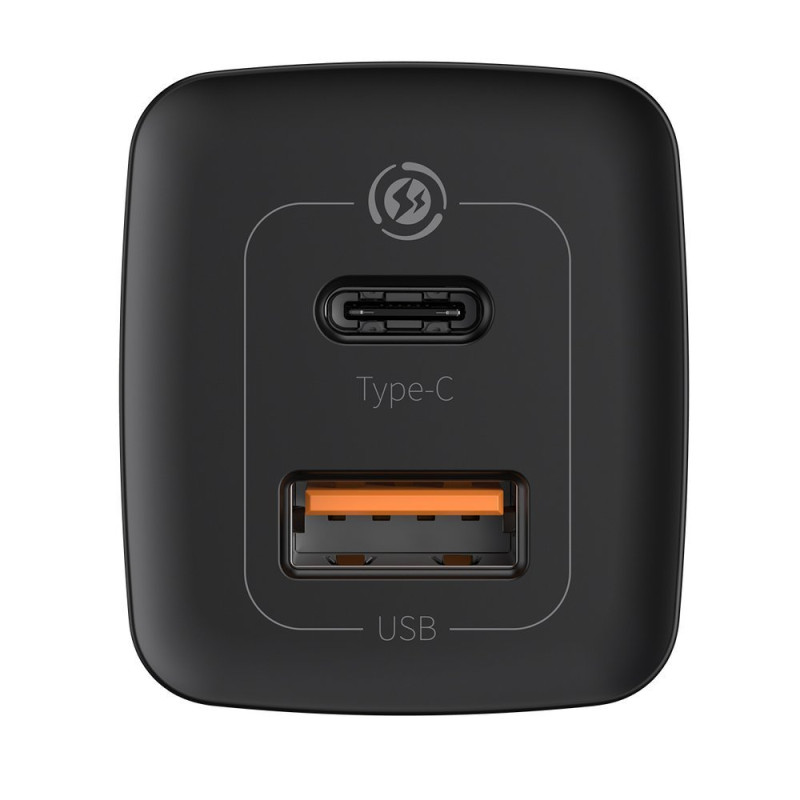 Зарядний пристрій 2xUSB 65W GaN (USB-C+USB-A) Чорний Baseus