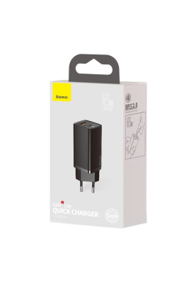 Зарядний пристрій 2xUSB 65W GaN (USB-C+USB-A) Чорний Baseus