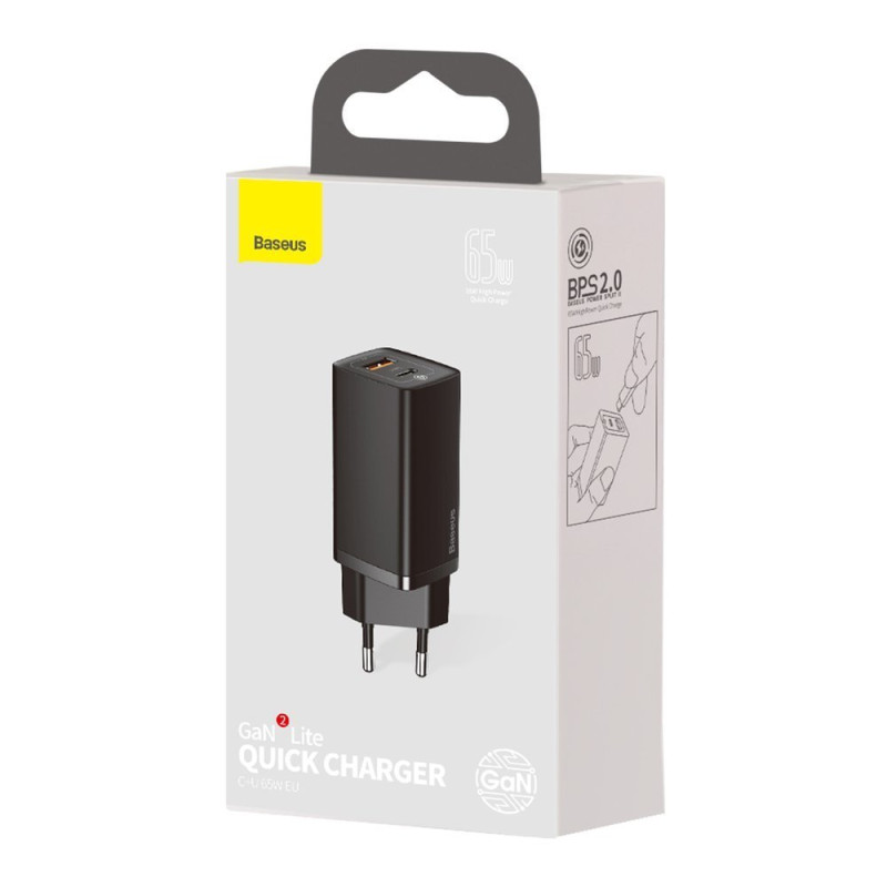 Зарядний пристрій 2xUSB 65W GaN (USB-C+USB-A) Чорний Baseus