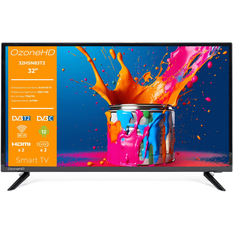 TV 32 OzoneHD 32HSN83T2 HD/T2/Android 12/2хUSB/2x10Вт/2хHDMI/LAN/Black