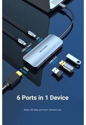 Док-станція USB3.1 Type-C --> HDMI//USB 3.0x3/PD 100W Hub 6-in-1 Vention