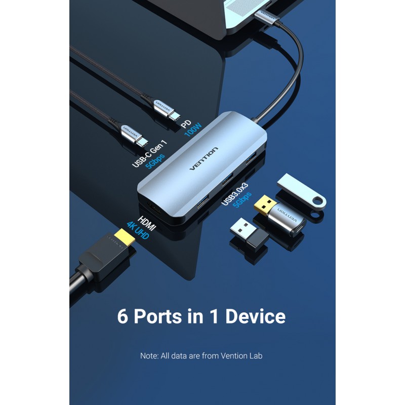 Док-станція USB3.1 Type-C --> HDMI//USB 3.0x3/PD 100W Hub 6-in-1 Vention