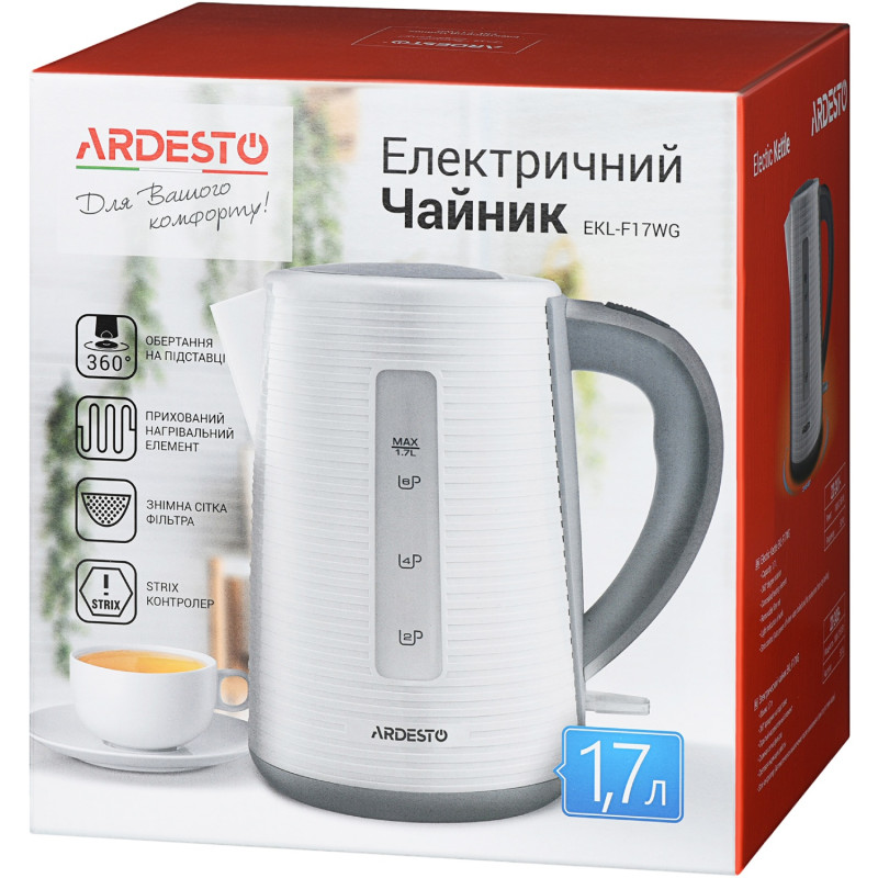 Електрочайник Ardesto EKL-F17WG 1.7л/2150Вт/strix контроль/колір білий + сірий