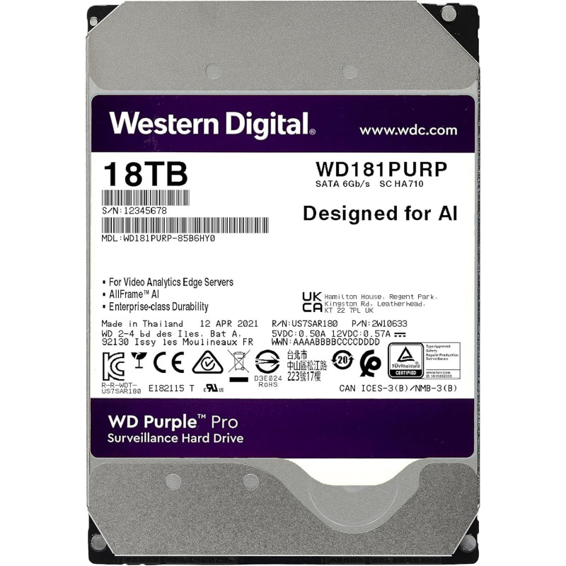 HDD 18Tb, 7200rpm, WD Purple Pro, 512M, SATA 6 Gb/s (WD181PURP)